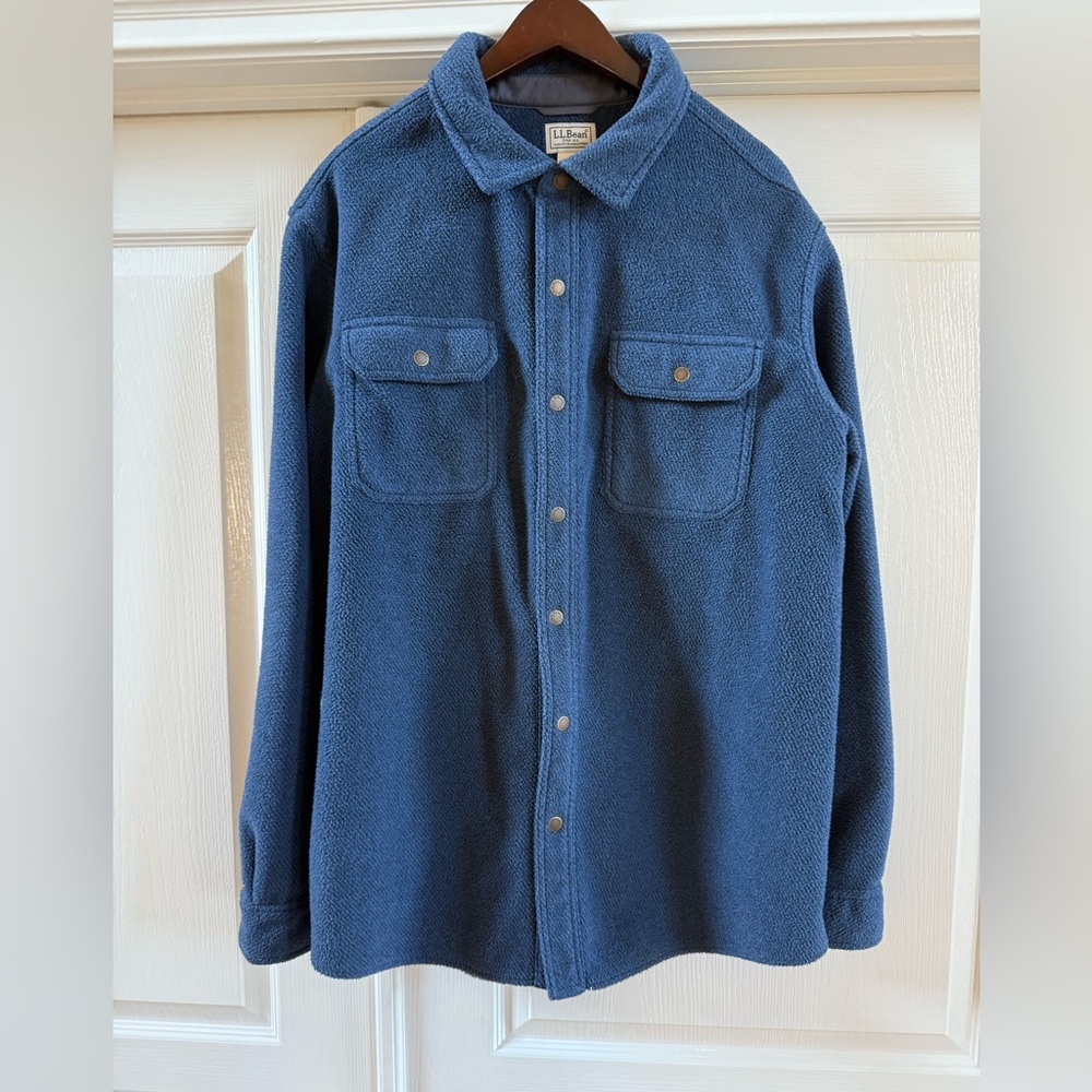 LL Bean Shirt Mens Large Blue Fleece Shacket Elbow Patch Snap Buttons